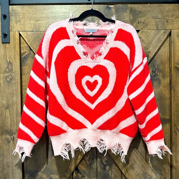 Miss Sparkling Sweaters - NWOT Miss Sparkling Pink & Red Frayed Heart Sweater Sz L